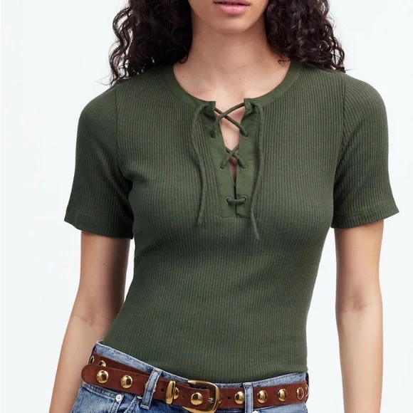 Madewell Olive Green Lace-Up Top - Picture 2 of 7